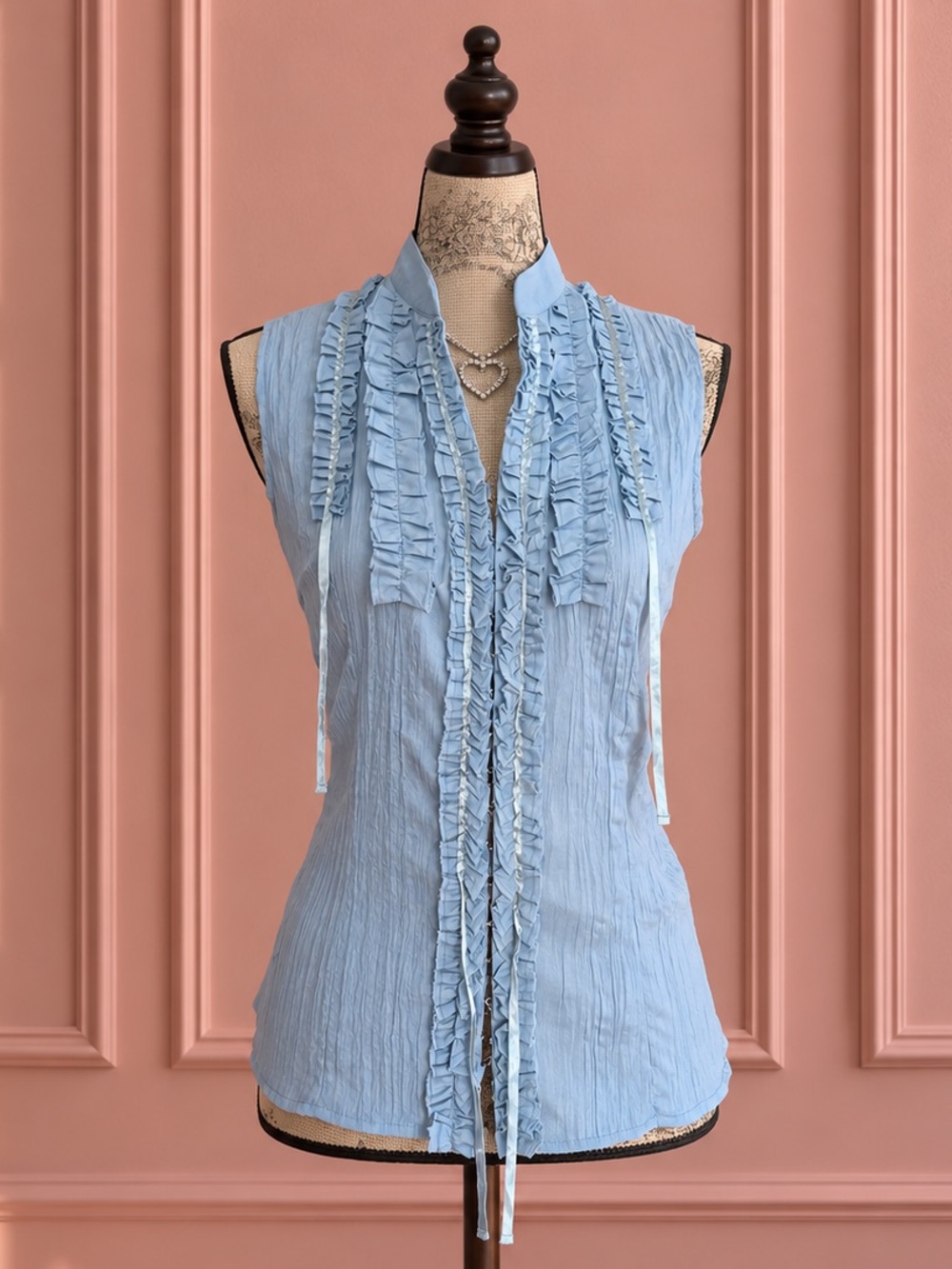 Y2K Blue Sleeveless Ruffled Blouse Size S